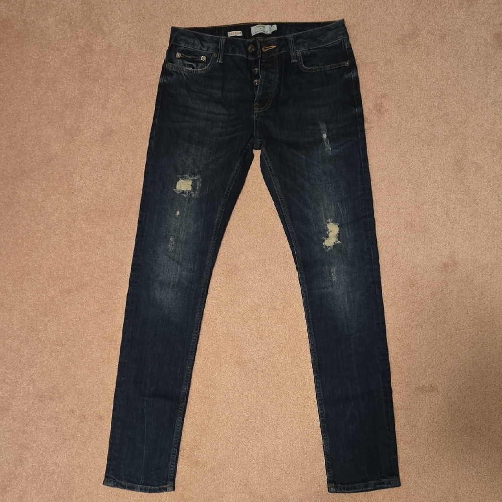 Topman Dark Wash Distressed Skinny Jeans